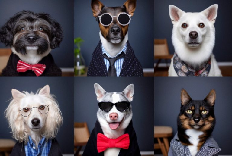 6 chiens habillés chic, photos portrait