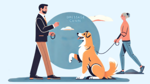 illustration d'une jeune femme avec son chien en laisse et assis devant un éducateur canin